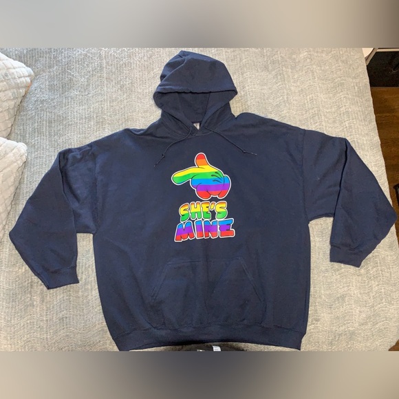 Blue She’s Mine Mickey Mouse Pointing Hand, The Rainbow Mickey Hands Hoodie 3XL - Picture 3 of 10